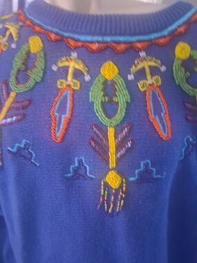 MARINA Blue Knit Sweater with Colorful Embroidery